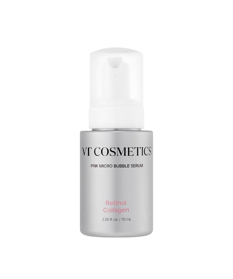 VT COSMETIC Retinol Collagen Pink Microbubble Serum 70ml bottle with pump dispenser, skincare product for anti-aging and hydration.