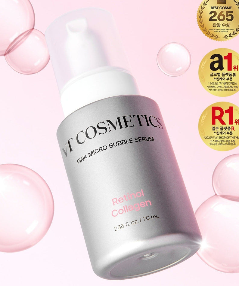 VT COSMETIC Retinol Collagen Pink Microbubble Serum 70ml with award labels and pink bubbles background