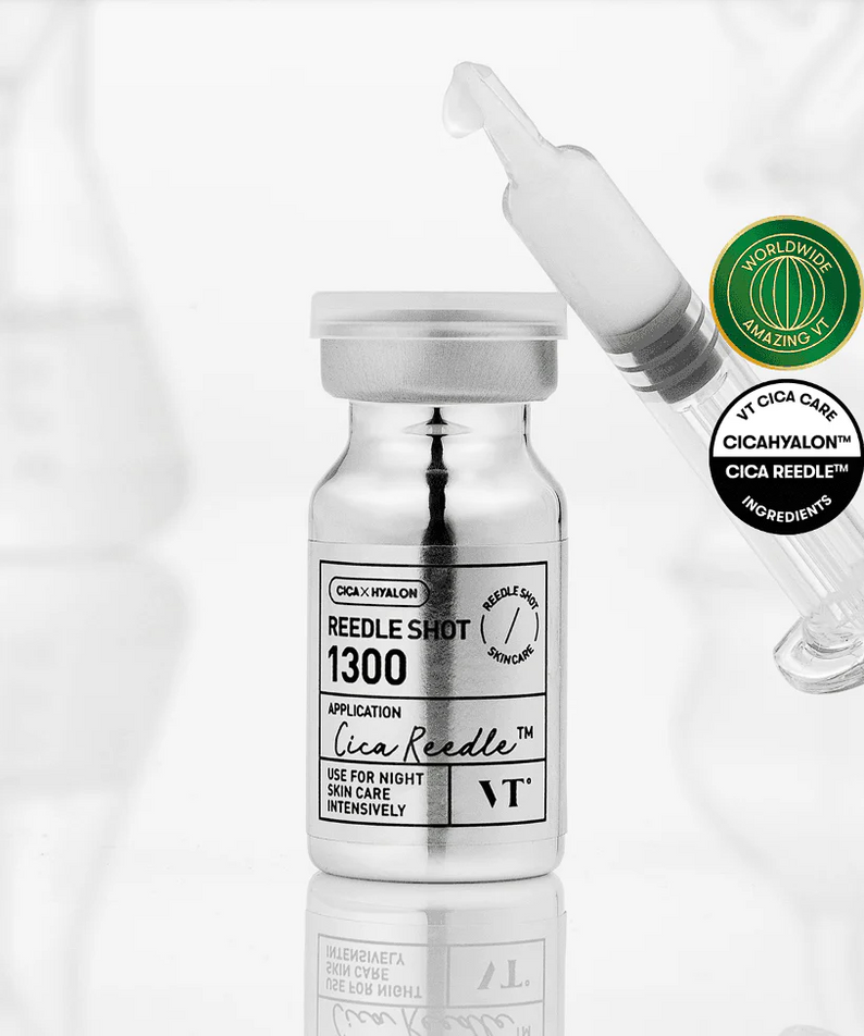 VT COSMETIC Riddle Shot 1300 8ml skincare product with syringe applicator and certification badges, ideal for intensive night use.
