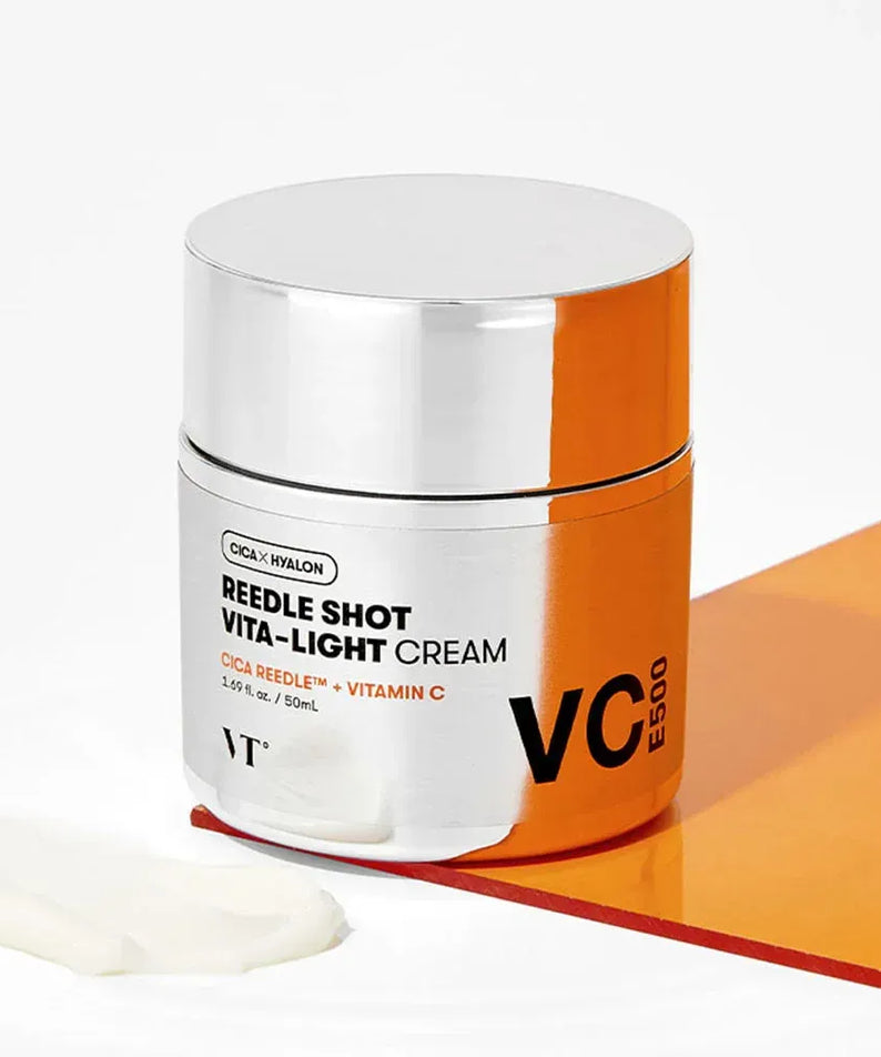 VT COSMETIC Riddle Shot Vita-Light Cream 50ml jar with cream sample on a white surface