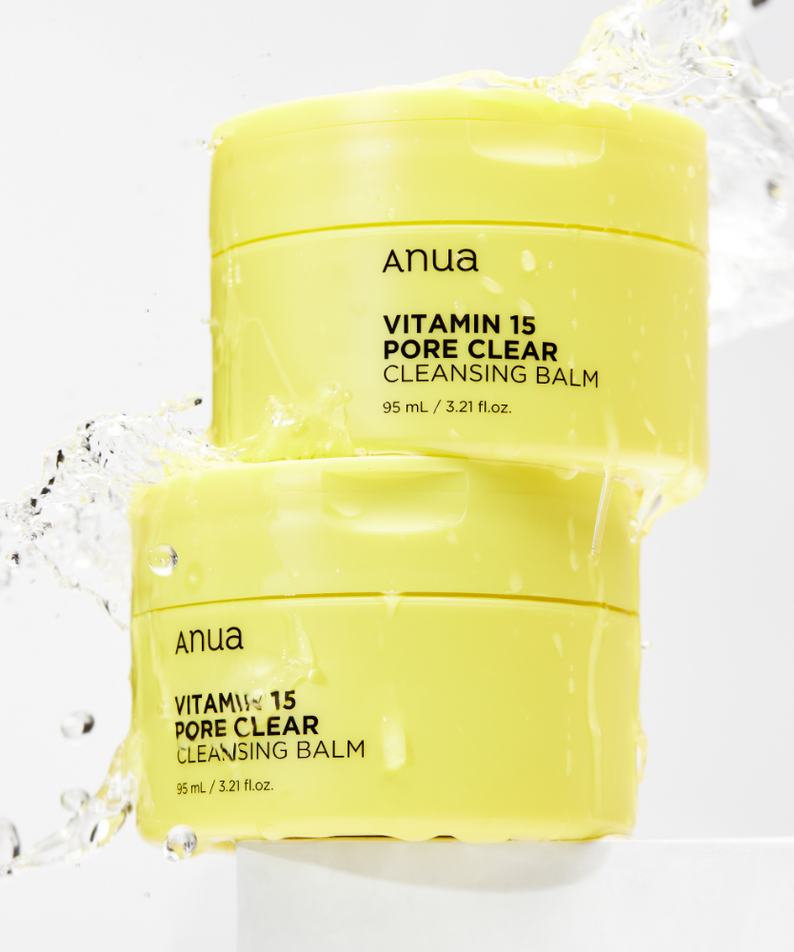 ANUA Vitamin 15 Pore Clear Cleansing Balm 95ml packaging with splashing water, showcasing skincare product's features.