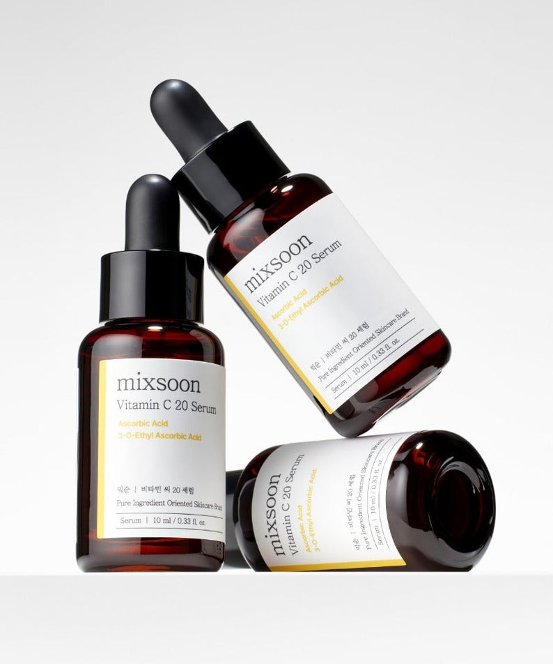 Three bottles of MIXSOON Vitamin C 20 Serum 10ml with dropper caps.