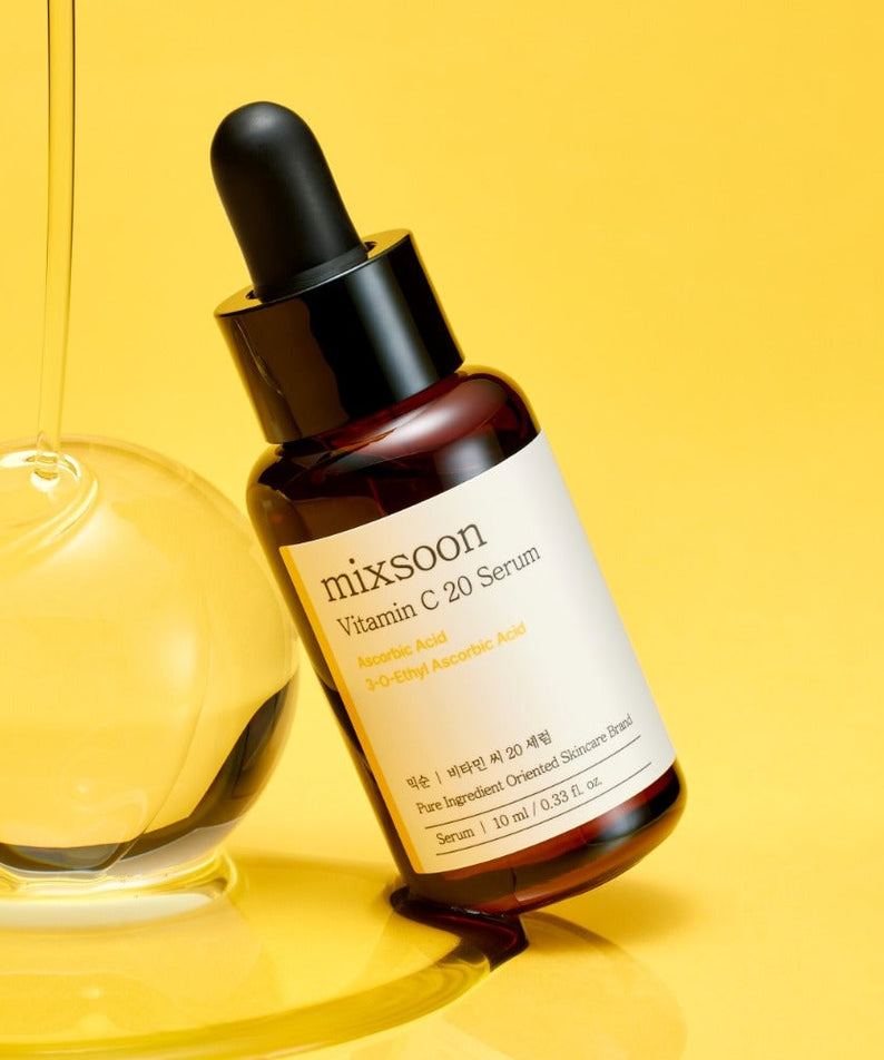MIXSOON Vitamin C 20 Serum 10ml bottle on yellow background showcasing skincare packaging