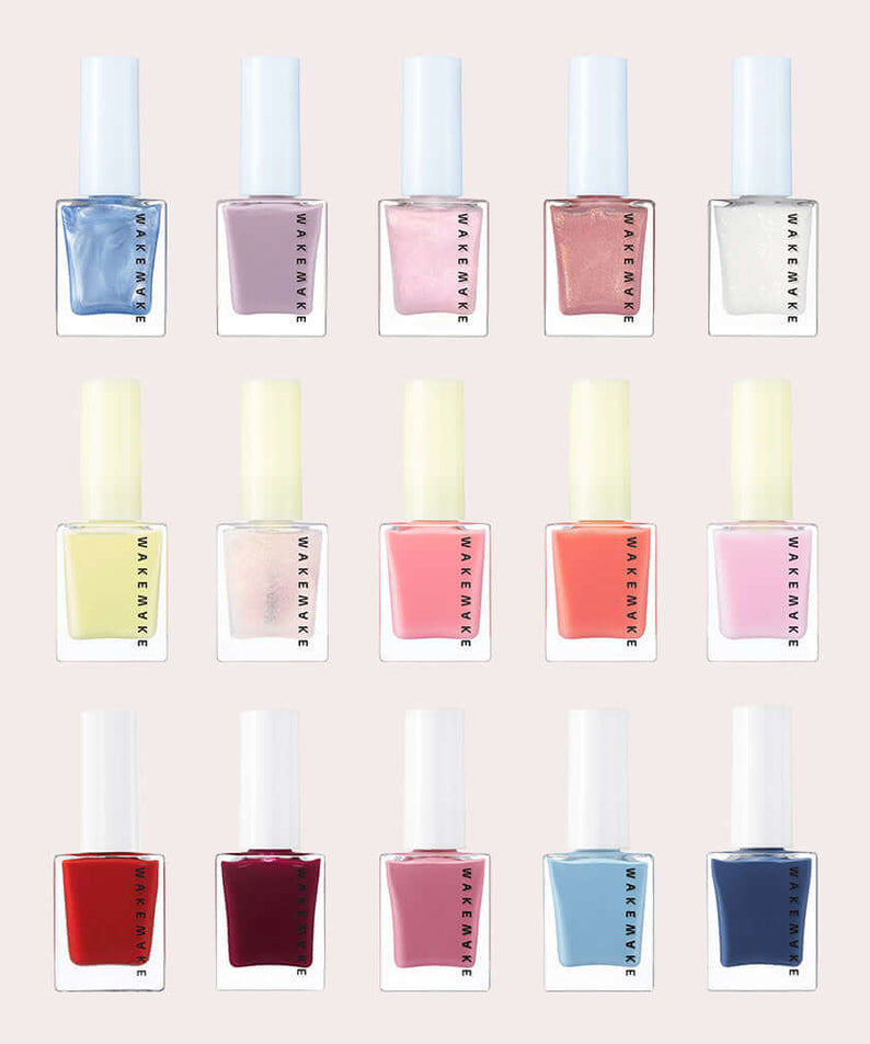 WAKEMAKE Nail Gun (#08 to #167) collection featuring diverse nail polish shades in chic bottles on display.