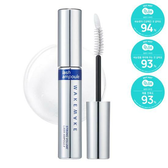 WAKEMAKE Strong Volume Lash Ampoule for fuller lashes, includes applicator and highlighted product features.