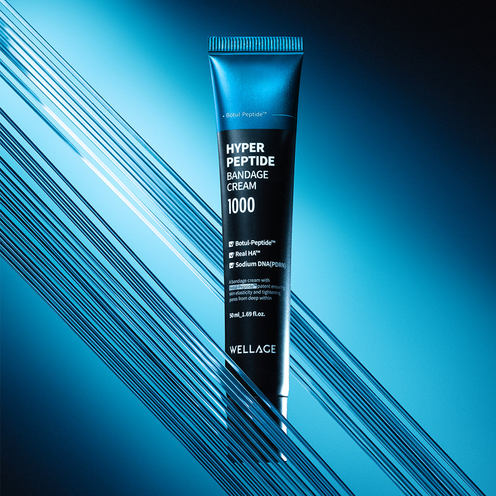 WELLAGE Hyper Peptide Bandage Cream 50ml tube on blue background