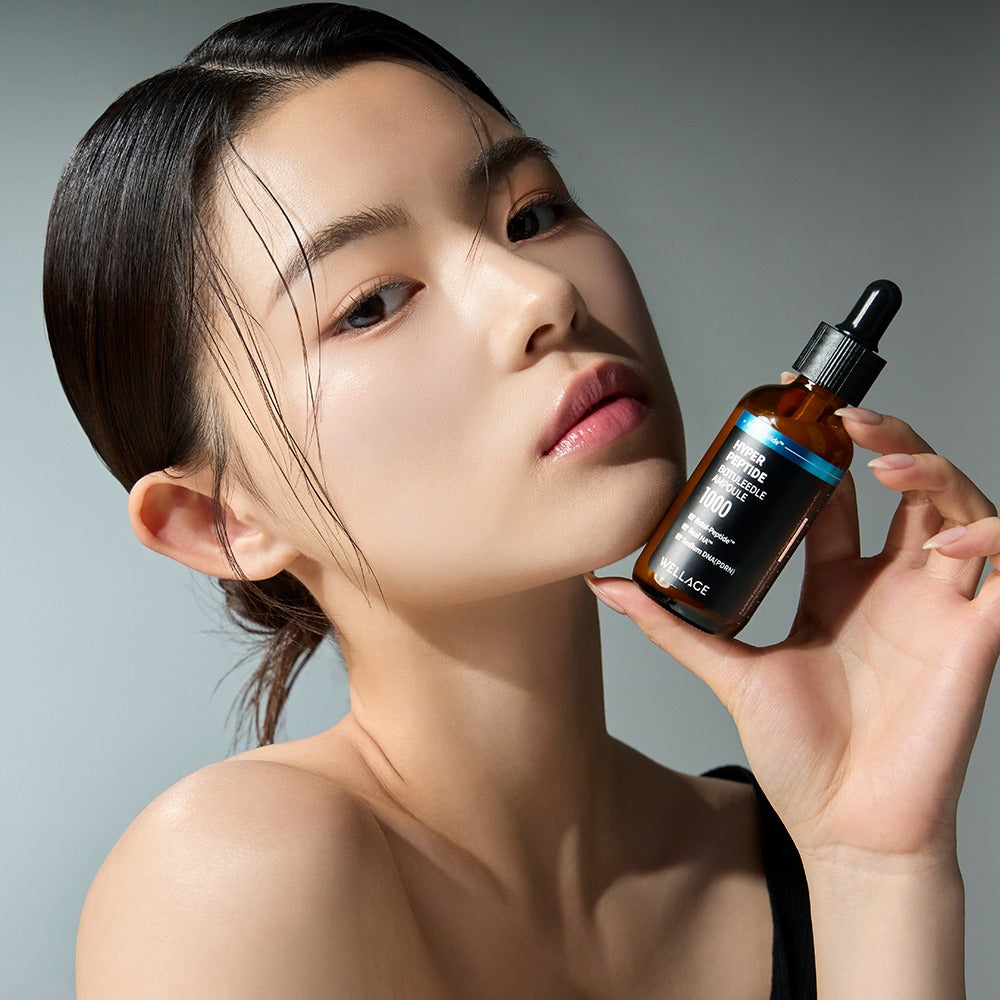 Model holding WELLAGE Hyper Peptide Botulinum Ampoule 50ml, showcasing skincare product benefits.