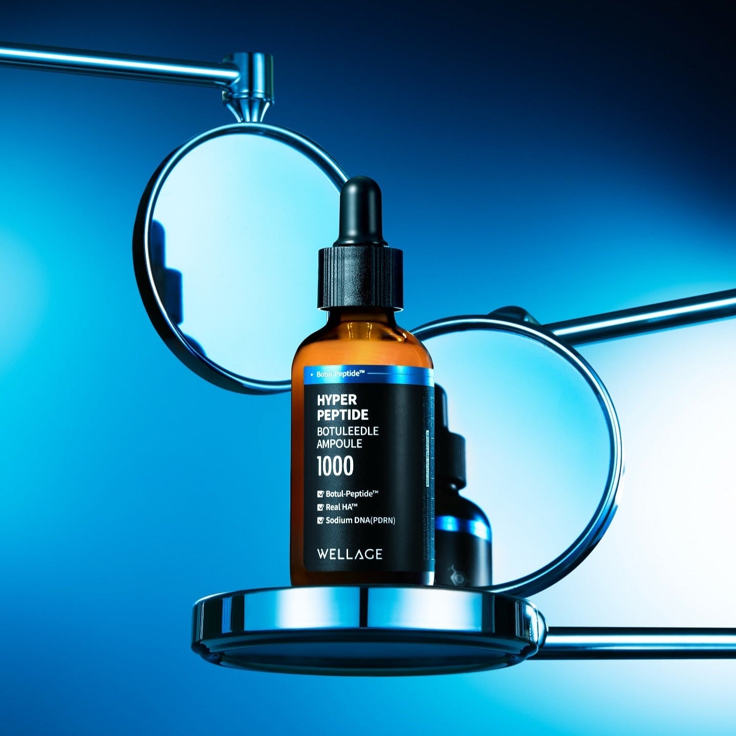 WELLAGE Hyper Peptide Botulinum Ampoule 50ml product bottle displayed with mirrors reflecting blue light.