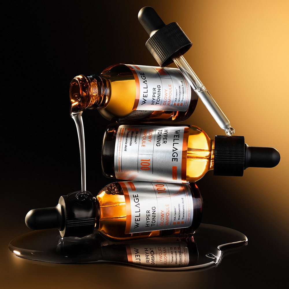 WELLAGE Hyper Toning Glow Ampoule 30ml bottles with droppers, highlighting the luxurious skincare formula for radiant, toned skin.