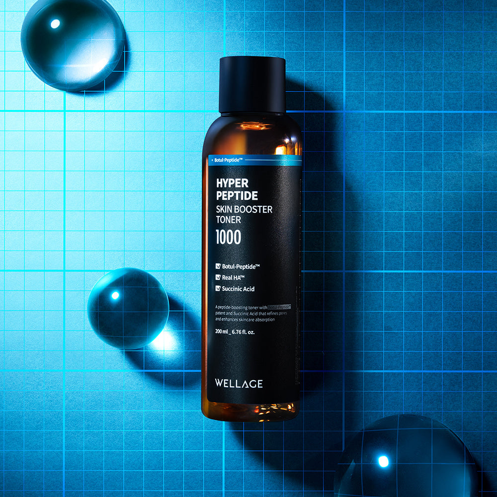 WELLAGE Hyper eptide Skin booster Toner 200ml bottle on a blue grid background with water droplets.
