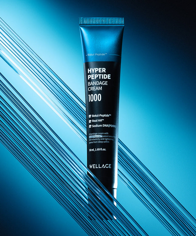 WELLAGE Hyper Peptide Bandage Cream 50ml tube on blue background