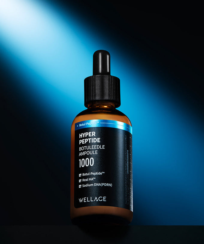 WELLAGE Hyper Peptide Botulinum Ampoule 50ml bottle against dramatic lighting on black background
