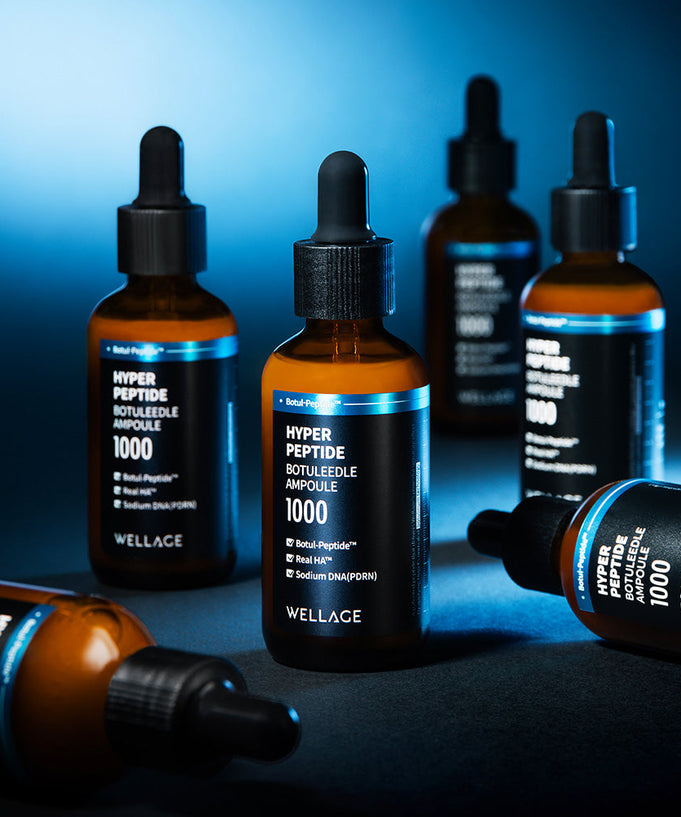 WELLAGE Hyper Peptide Botulinum Ampoule 50ml bottles arranged on a dark surface.