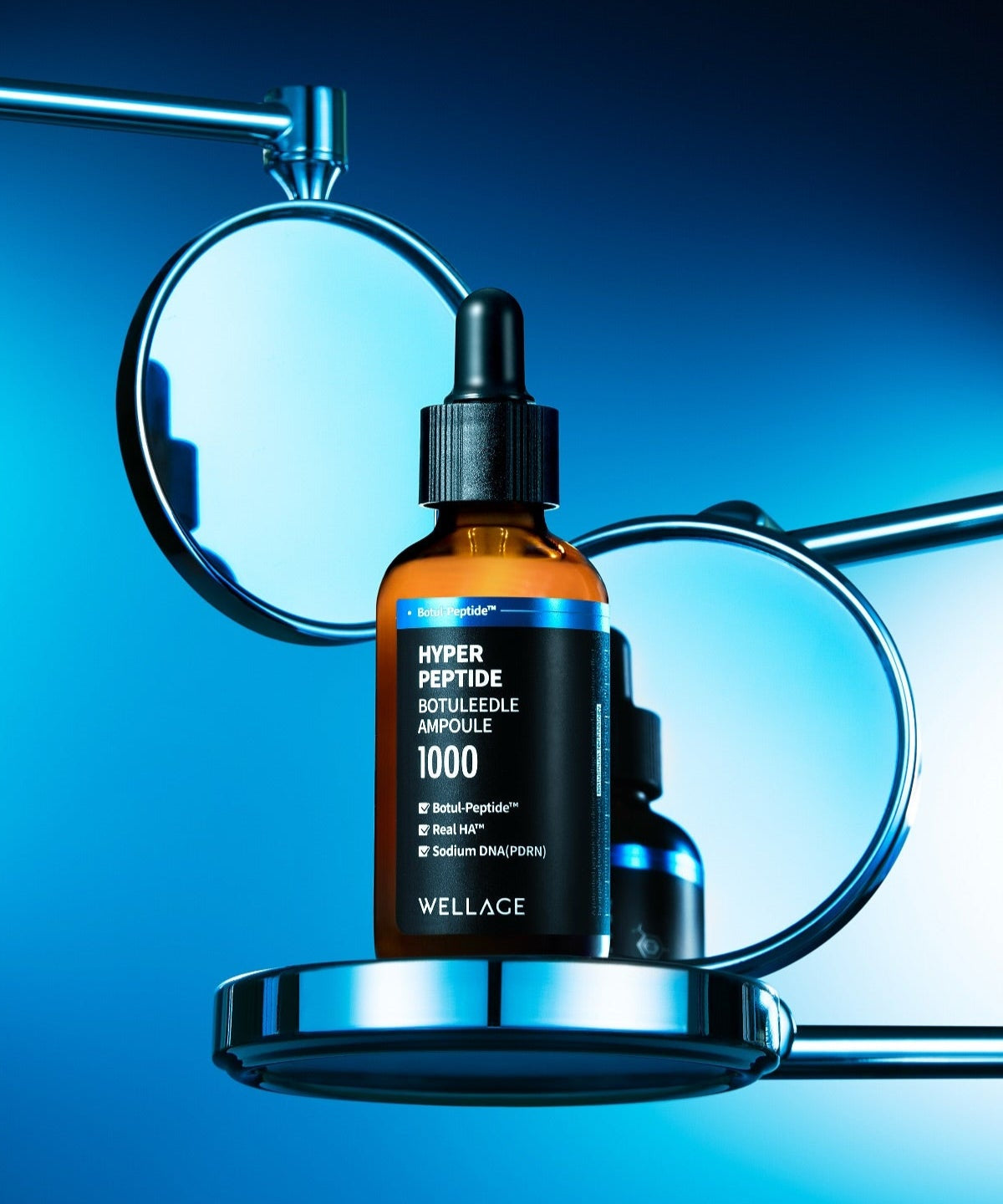 WELLAGE Hyper Peptide Botulinum Ampoule 50ml product bottle displayed with mirrors reflecting blue light.