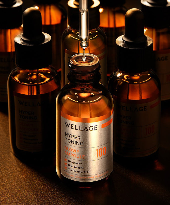 WELLAGE Hyper Toning Glow Ampoule 30ml bottle with dropper, skincare product.