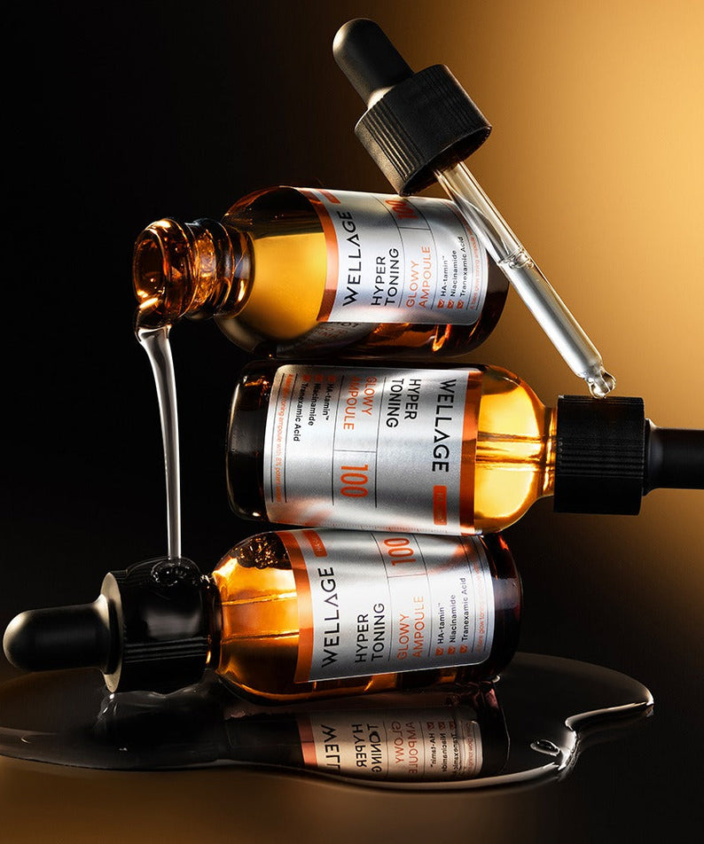WELLAGE Hyper Toning Glow Ampoule 30ml bottles with droppers, highlighting the luxurious skincare formula for radiant, toned skin.