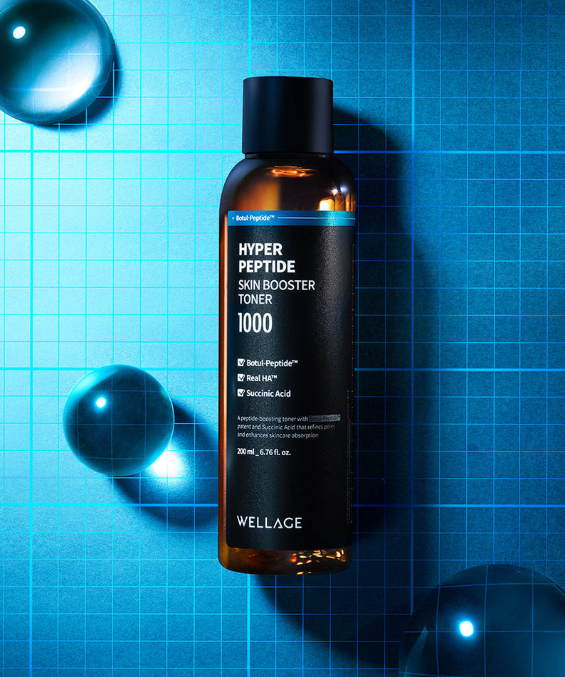 WELLAGE Hyper eptide Skin booster Toner 200ml bottle on a blue grid background with water droplets.