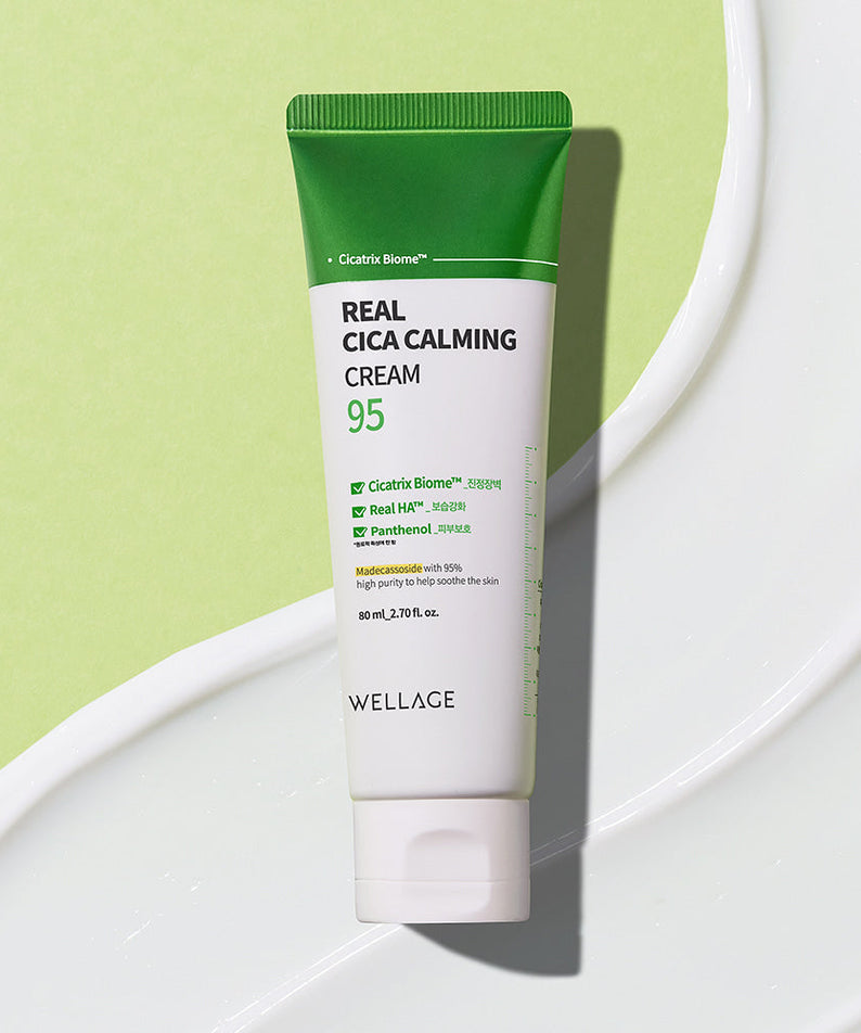 WELLAGE Real Cica Calming 95 Cream 80ml tube on a white and green background.