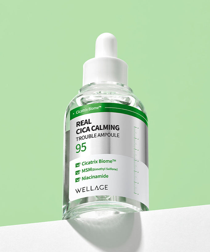 WELLAGE Real Cica Calming 95 Trouble Ampoule 50ml on a green background