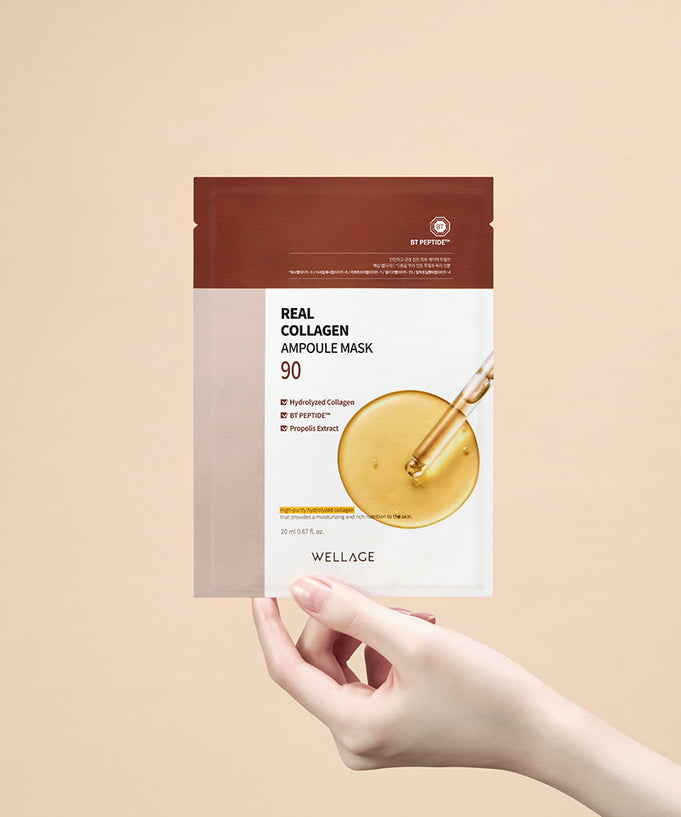 WELLAGE Real Collagen Ampoule Mask 10 Sheets displayed on a hand in a beige background