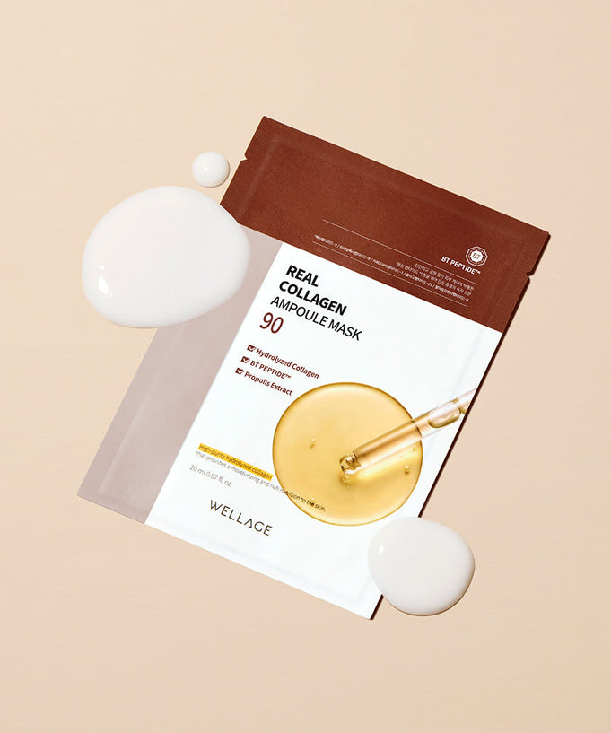 WELLAGE Real Collagen Ampoule Mask 10 Sheets displayed with skincare serum on beige background