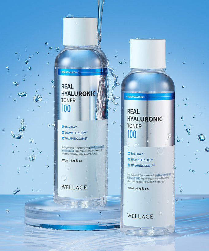 WELLAGE Real Hyaluronic 100 Toner 200ml bottles with water droplets highlighting hydration benefits.