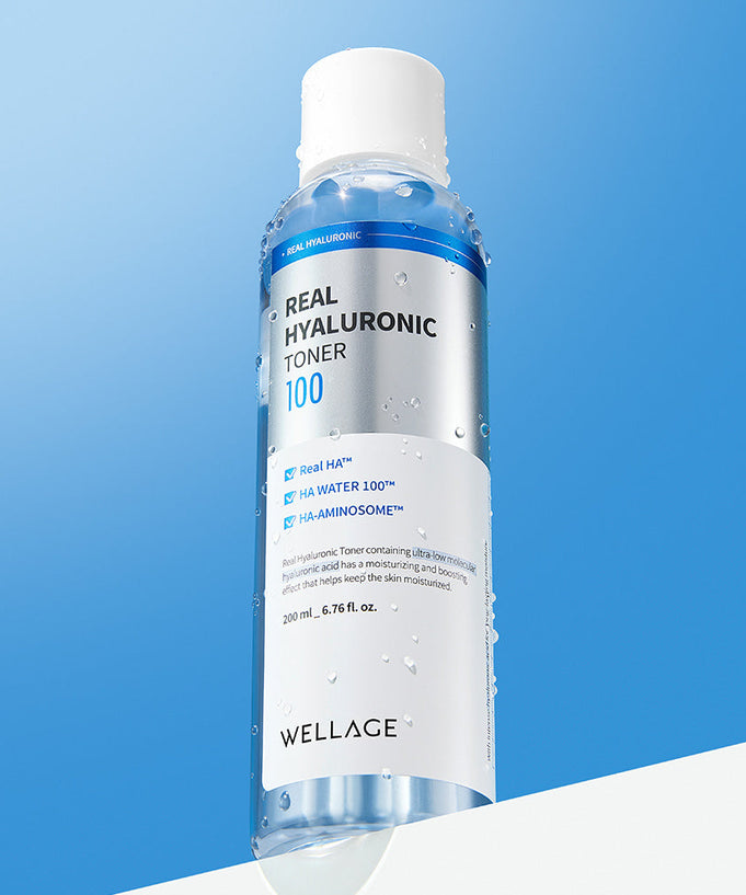 WELLAGE Real Hyaluronic 100 Toner 200ml bottle on blue background