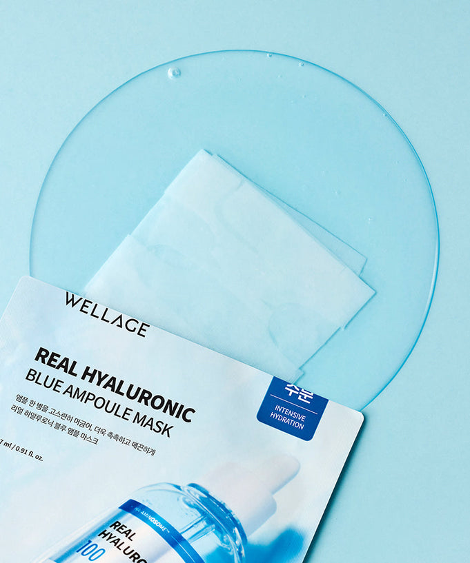 WELLAGE Real Hyaluronic Blue Ampoule Mask 5 Sheets on blue background showcasing packaging and sheet