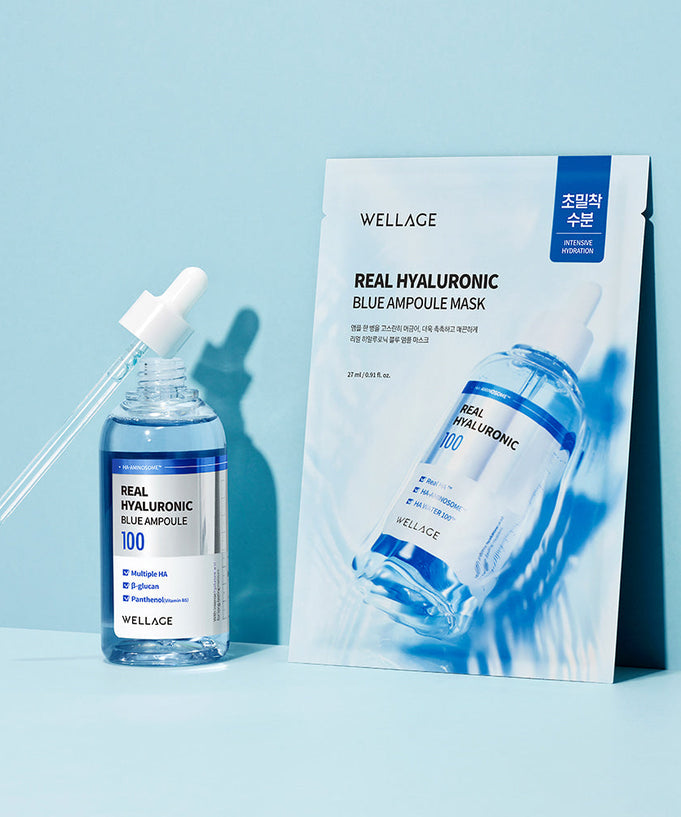 WELLAGE Real Hyaluronic Blue Ampoule Mask 5 Sheets displayed with ampoule and packaging on a blue background