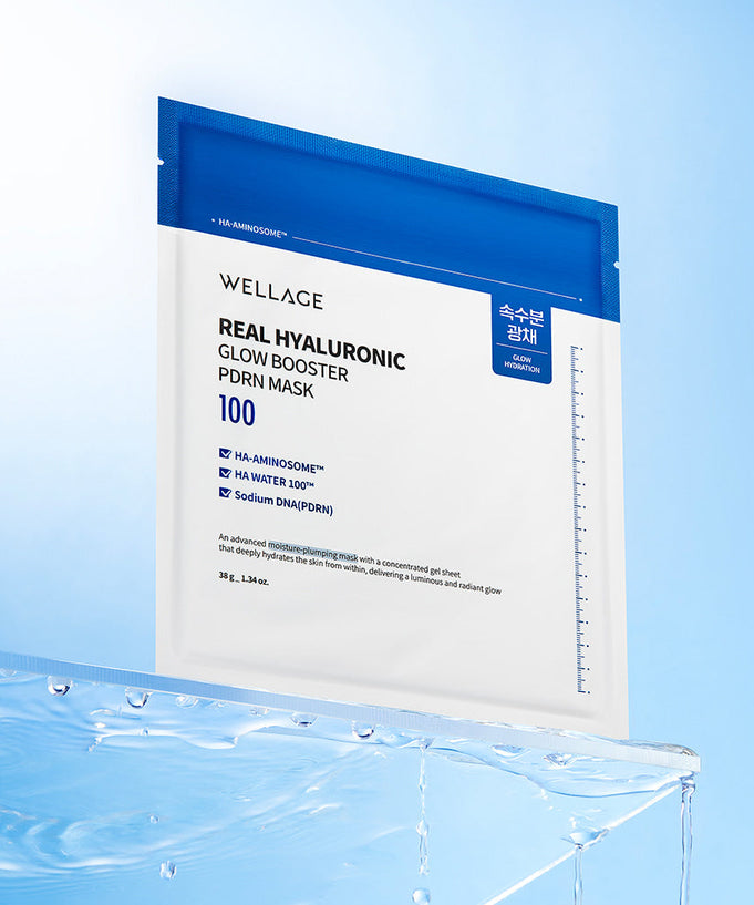 WELLAGE Real hyaluronic Glow Booster PDRN Mask 5 Sheets on a clear surface with a blue gradient background.
