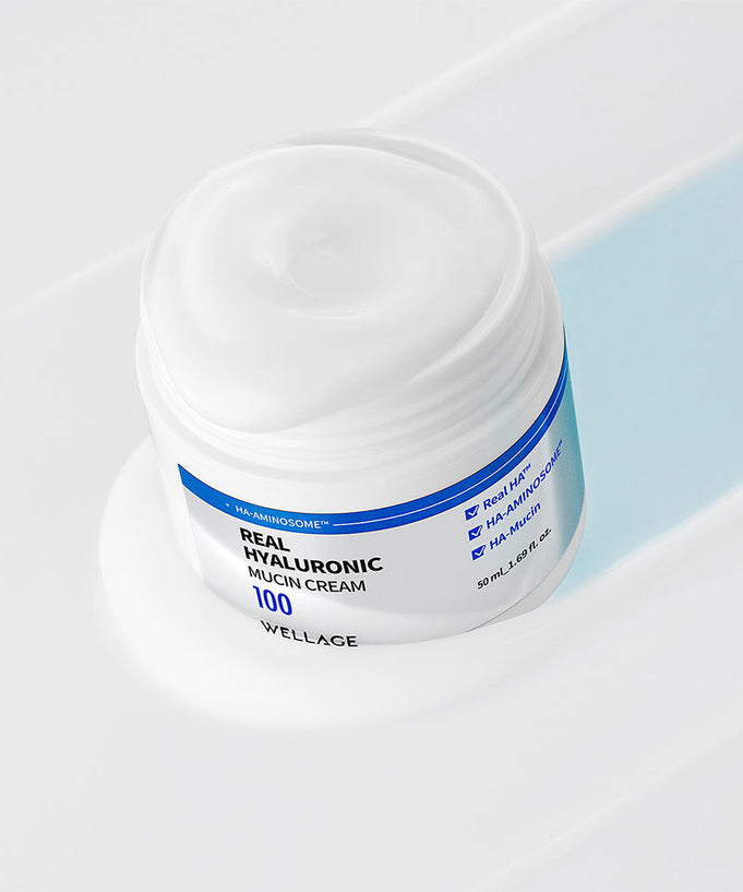WELLAGE Real Hyaluronic Mucin Cream 50ml jar with white cream on a light background