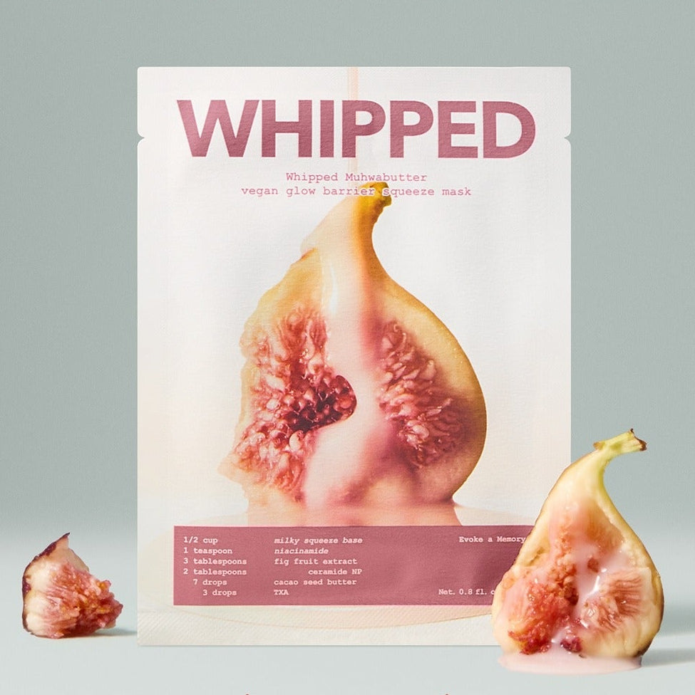 Packaging of WHIPPED Butter Vegan Glow Barrier Squeeze Mask 1ea with fig imagery.