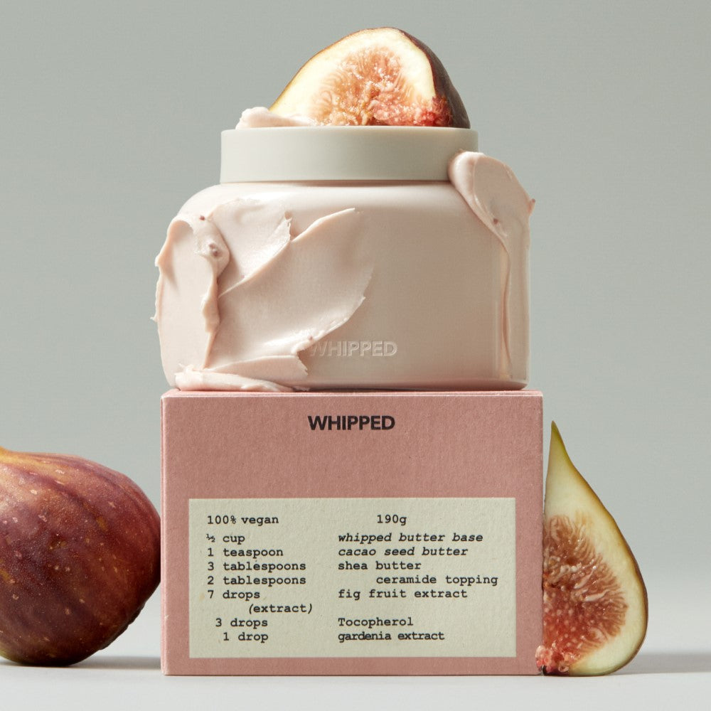 WHIPPED Vegan Topping Body Butter 190g with natural ingredients and fig extract, shown with elegant packaging, 100% vegan skincare