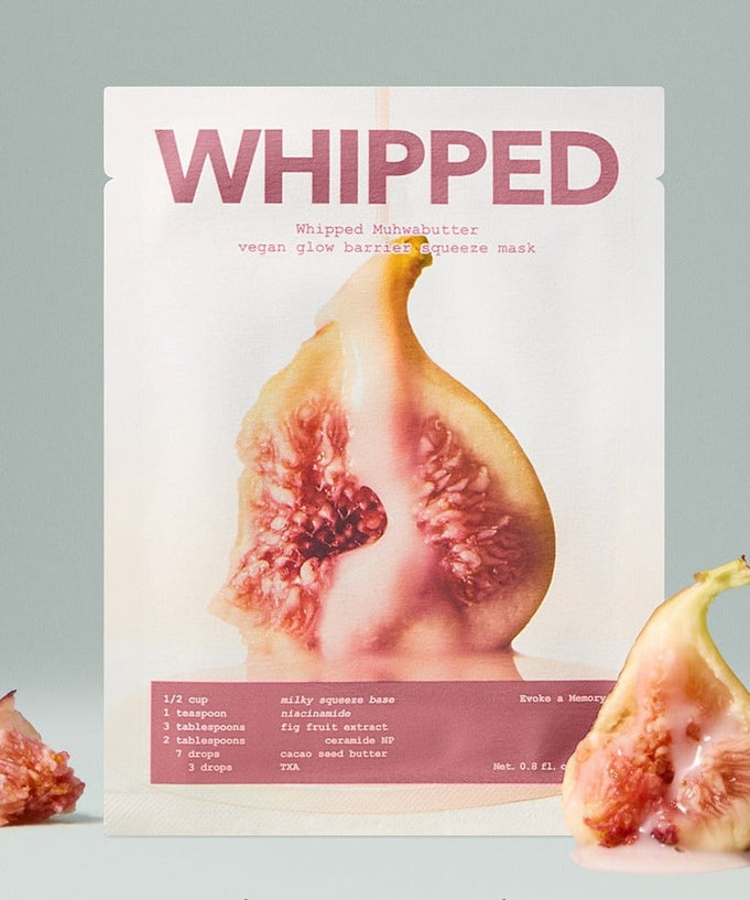 Packaging of WHIPPED Butter Vegan Glow Barrier Squeeze Mask 1ea with fig imagery.