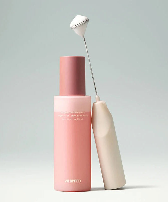 WHIPPED Butter Vegan Milk Foam Pack Mist 150ml with pink and white bottle, designed for skincare enthusiasts.