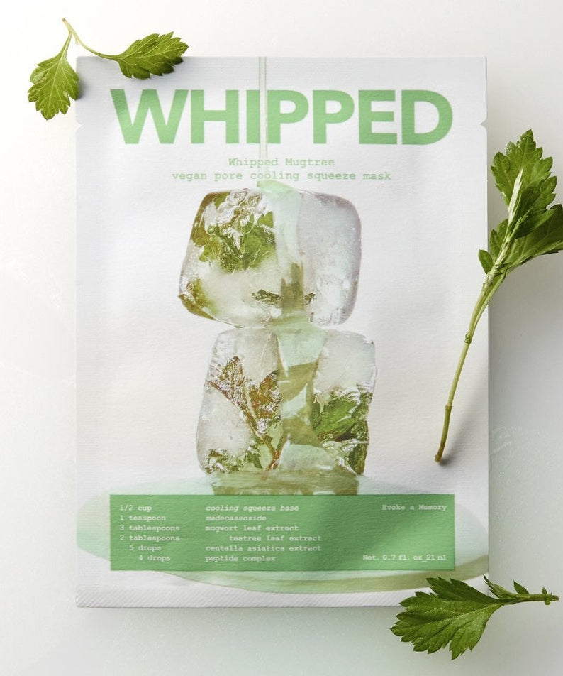 WHIPPED Mugtree Vegan Pore Cooling Squeeze Mask 1ea packaging with herbal elements and ice for effective skincare.