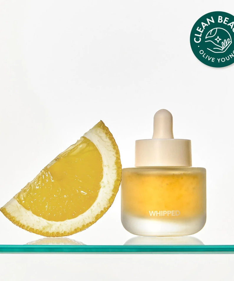 WHIPPED Yujamong Vegan Vita Syrup Ampoule 30ml with lemon slice and Clean Beauty Olive Young certification.