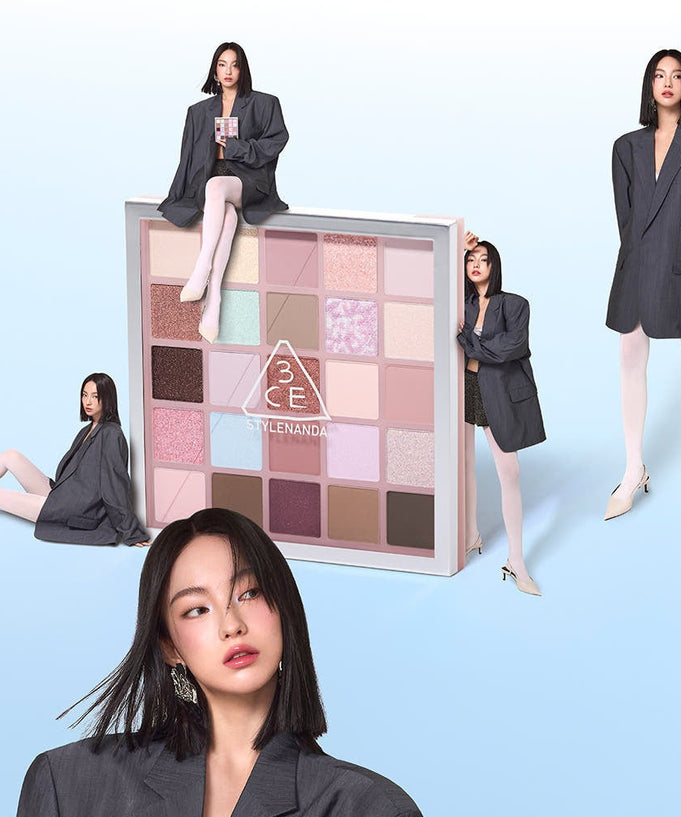 Model showcasing 3CE XL Eyeshadow Palette in various poses with stylish attire against a minimalist background