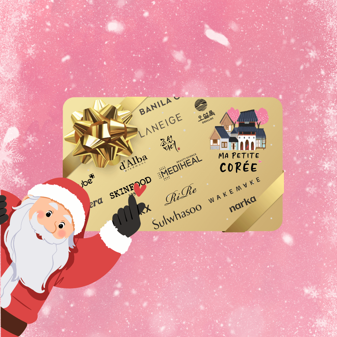 Carte Cadeau Ma Petite Corée avec décorations de Noël et fond rose festif