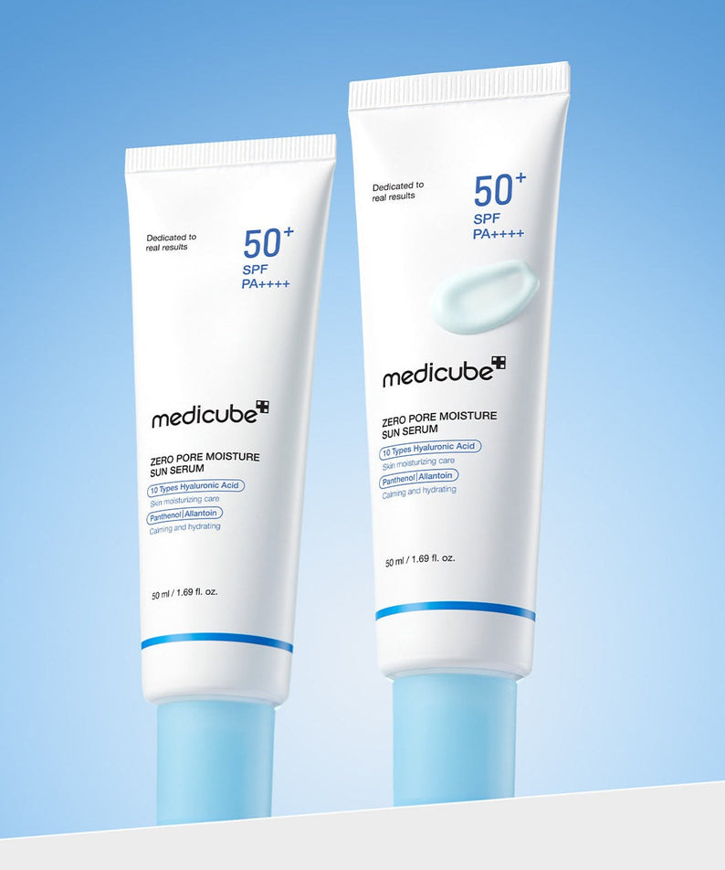 MEDICUBE Zero Pore Moisture Sun Serum 50ml with SPF 50+ PA++++ packaging on a blue background.