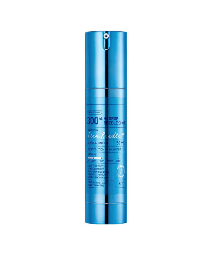 VT COSMETICS Hydrop Reedle ShotÂ® in a sleek blue bottle packaging, designed for skincare use.
