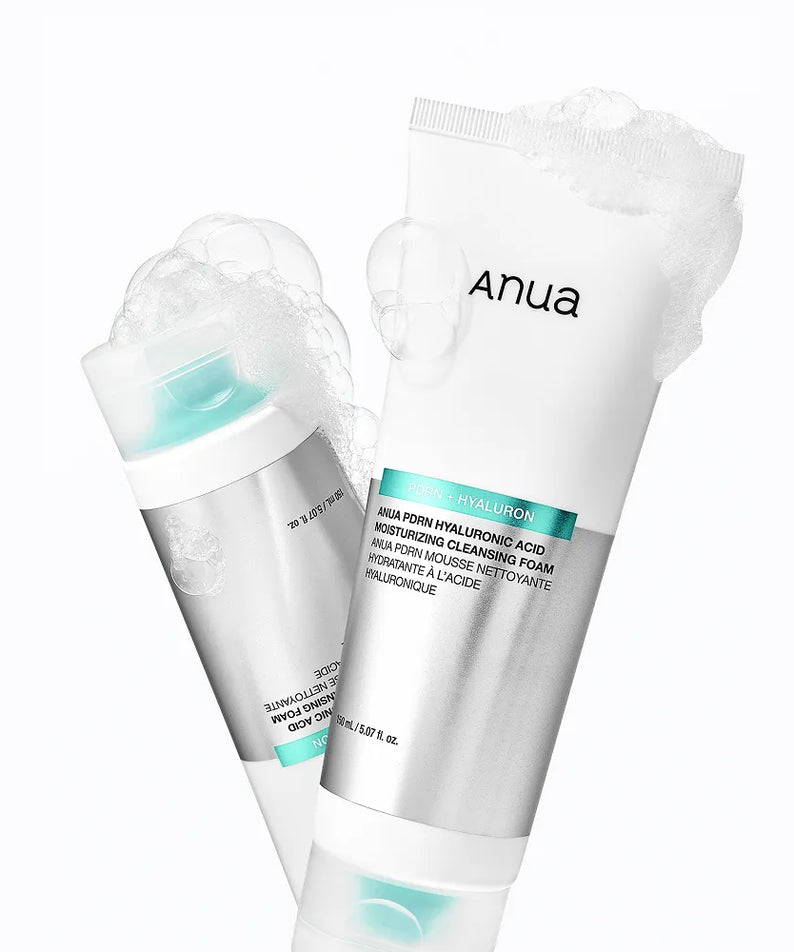 ANUA PDRN Hyaluronic Acid Moisture Cleansing Foam 150ml with bubbling foam texture in white and aqua packaging.