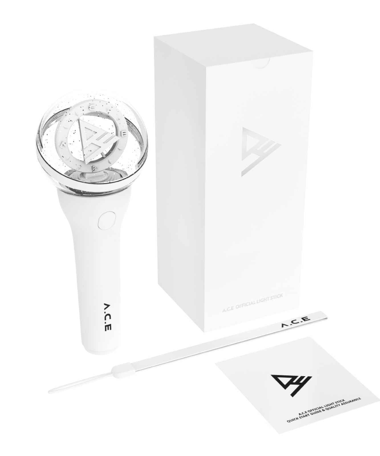 A.C.E Official Lighstick package featuring the lightstick, box, and accessories, symbolizing genuine merchandise from Korea.