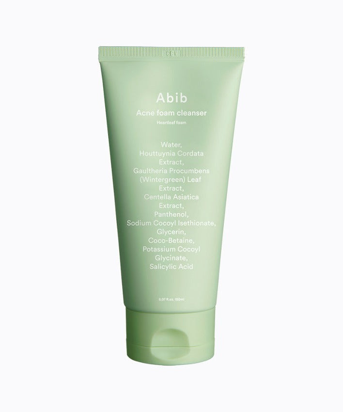 ABIB Acne Foam Cleanser Heartleaf Foam 150ml in a green tube, ideal for acne-prone skin care.