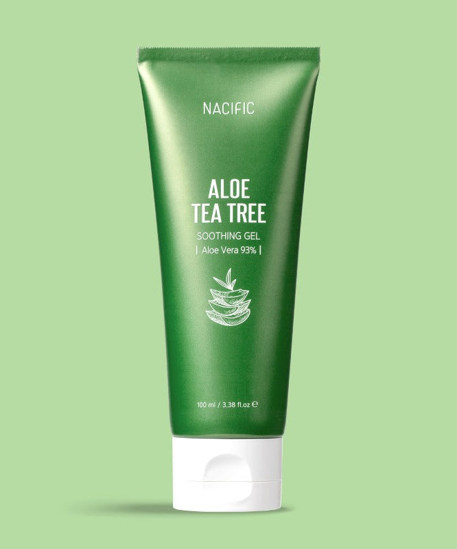 NACIFIC Aloe Tea Tree Soothing Gel 100ml tube on a green background