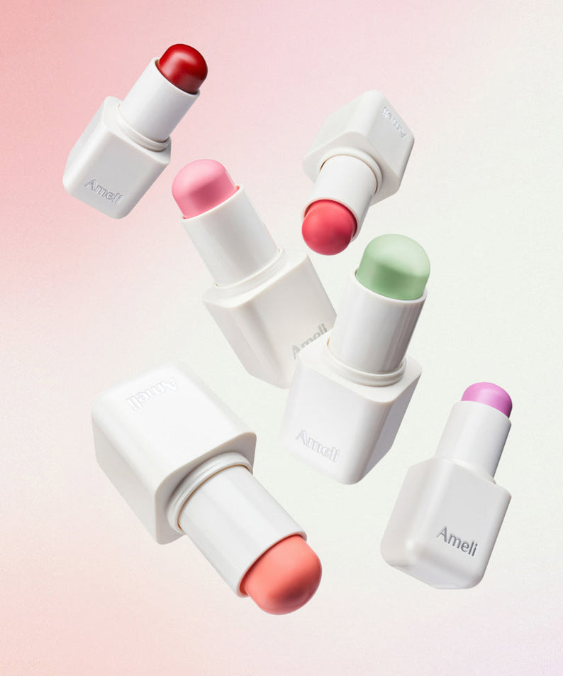 Colorful AMELI Night Series Touch Balm lip tints on a gradient background.