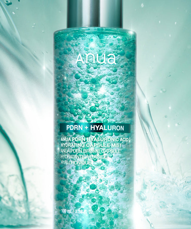 ANUA PDRN Hyaluronic Acid Moisture Capsule Mist 100ml product image with blue bubbles and clear water background.