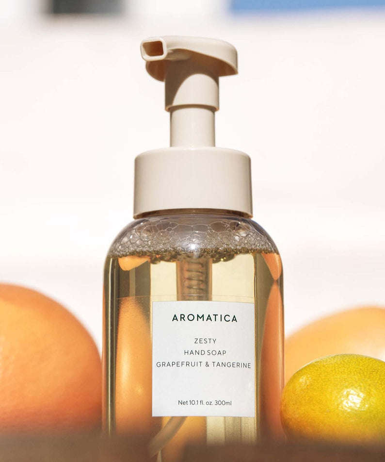 AROMATICA Zesty Hand Soap Grapefruit & Tangerine 300ML bottle with citrus fruits