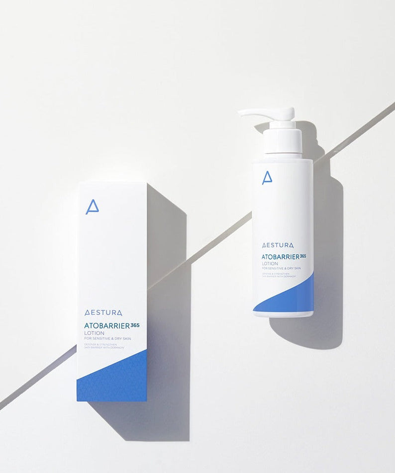 AESTURA Autobarrier 365 Lotion 150ml bottle and packaging on a minimalist background, showcasing the skincare product.
