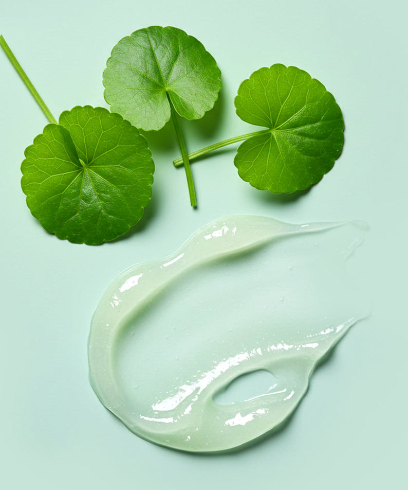 BARULAB Cica Ceramide Soothing Lip Serum 10g with natural cica leaves and serum texture on light green background